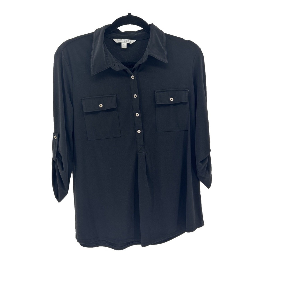 Company Ellen Tracy Womens Black Roll Tab Sleeve Button Front Blouse Large L